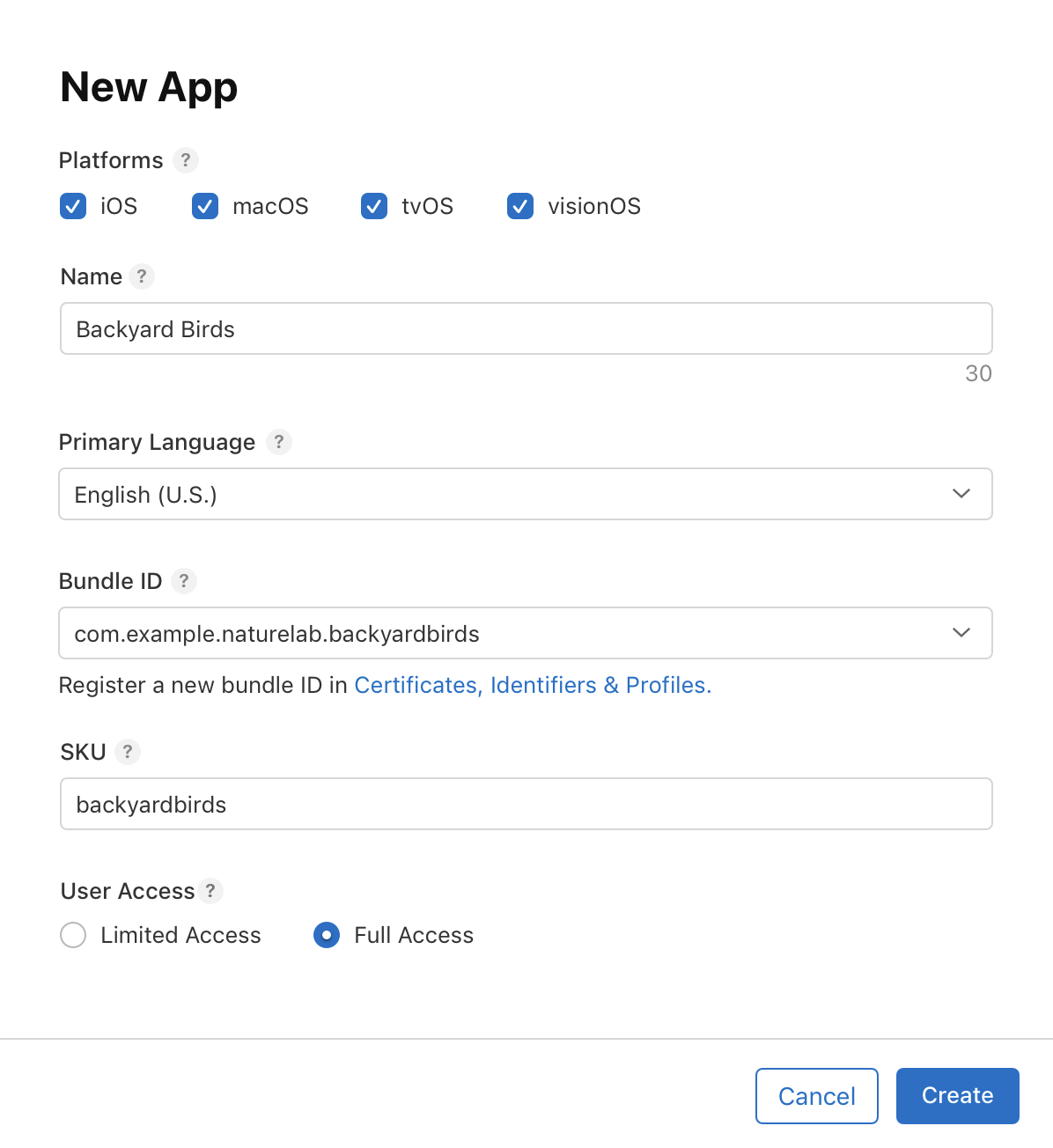 App Store Connectの「新規アプリ」ダイアログのスクリーンショット。「プラットフォーム」フィールドに表示されるiOS、macOS、tvOS、visionOSの選択肢から、アプリに使用するものを選択します。さらに、アプリ名、アプリのプライマリ言語、アプリのバンドルID、SKU、およびユーザアクセスの制限・許可を選択するオプションボタンのフィールドがあります。「キャンセル」ボタンと「作成」ボタンがダイアログの下部にあります。