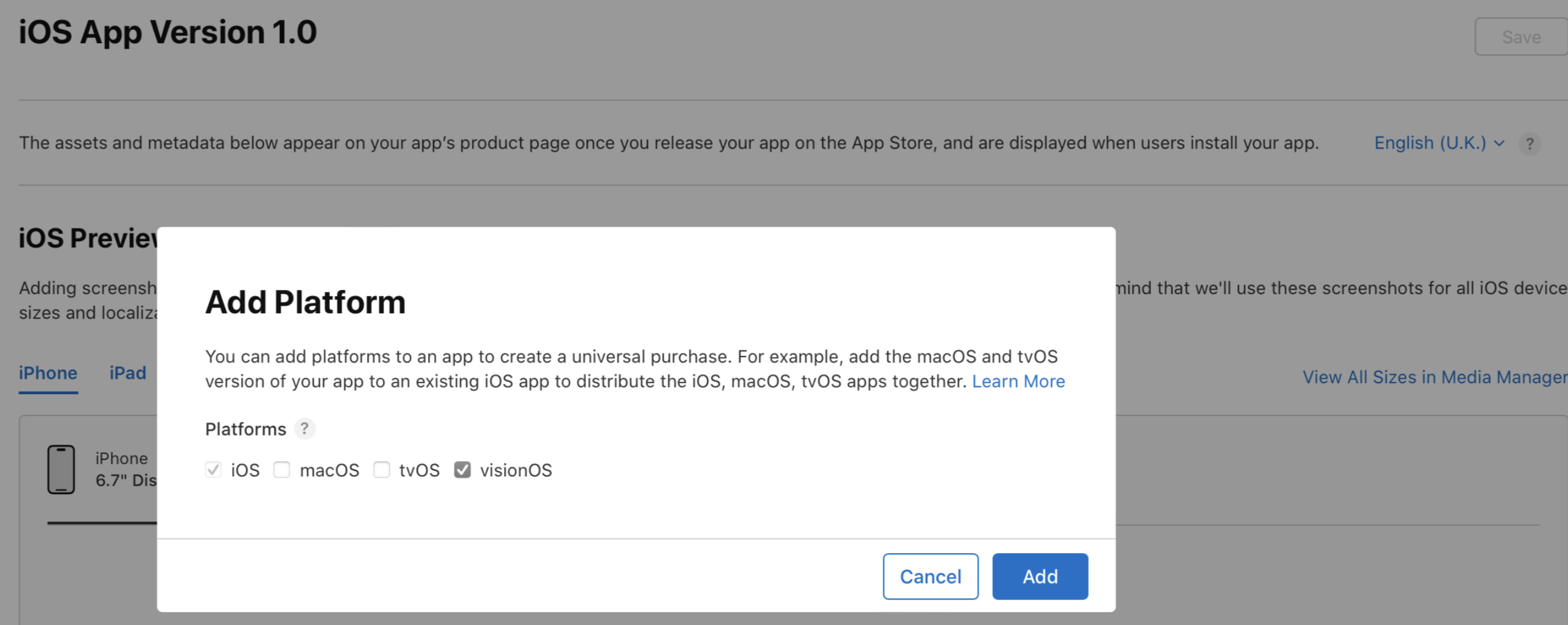 アプリの詳細ページにある「プラットフォームを追加」ダイアログのスクリーンショット。iOS、macOS、tvOS、visionOSのプラットフォームが表示されており、アプリを利用可能にするプラットフォームを選択することができます。当該ダイアログの下部には、「キャンセル」および「追加」ボタンがあります。