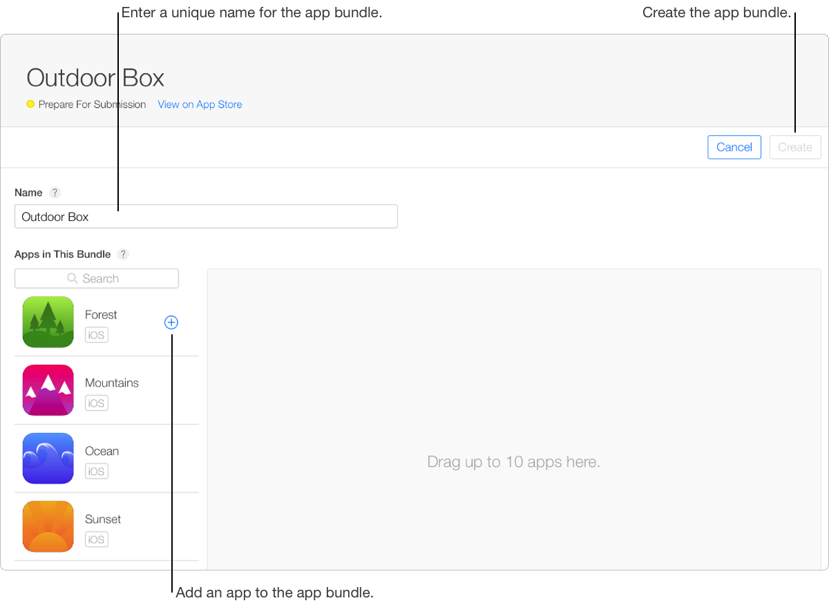 新規App Bundleページのスクリーンショット。App Bundleの名前を入力するフィールドと、アプリを検索するフィールドが表示されています。アカウント内のアプリが左側に一覧表示されており、右側の領域に、最大10個のアプリをドラッグすることができます。