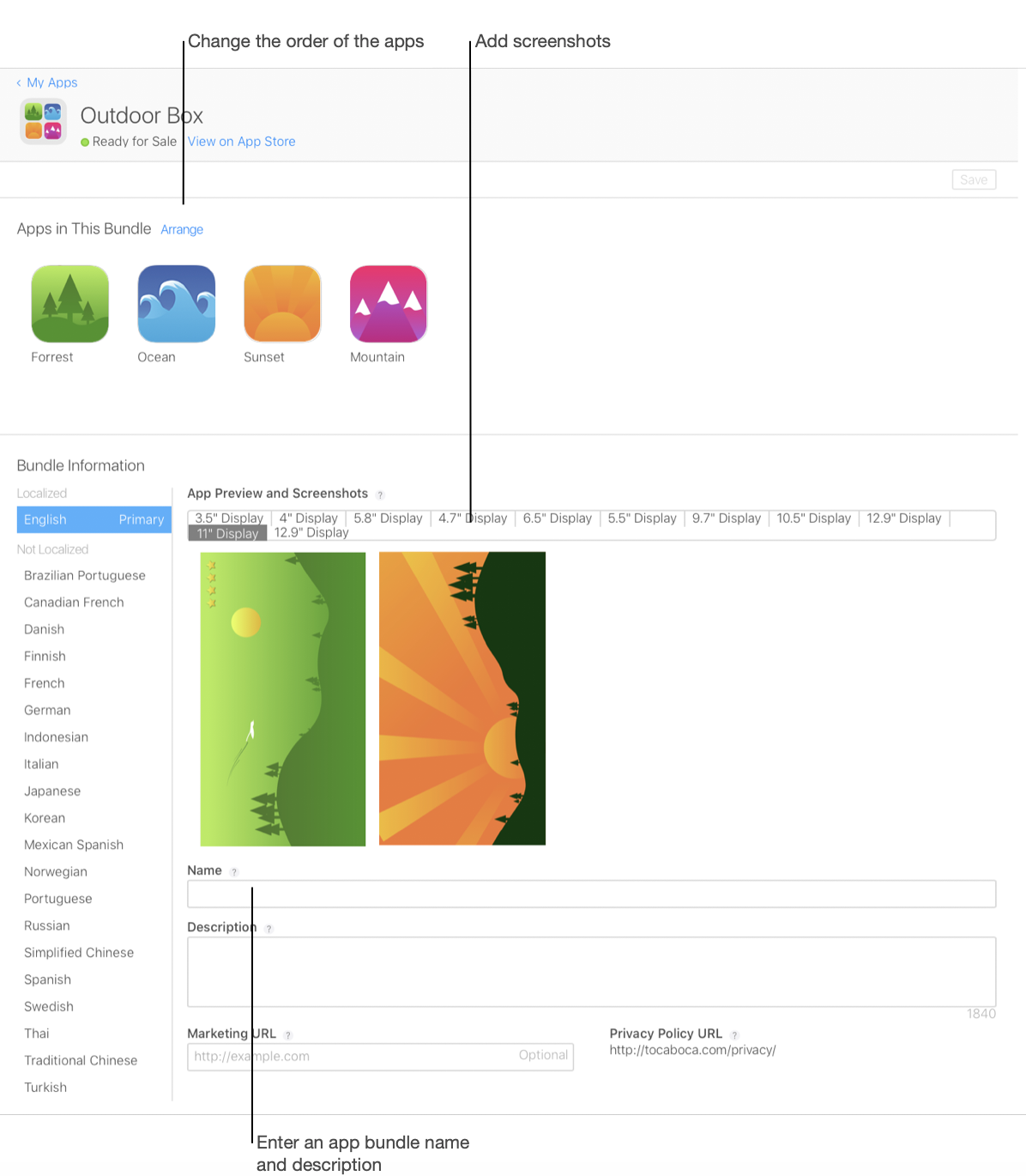 「App Bundle」ページのスクリーンショット。「このバンドルに含まれるアプリ」セクションに、バンドルに含まれるアプリが表示されています。「配列」のテキストをクリックすると、アプリの表示順を変更できます。「バンドル情報」セクションには、スクリーンショットをデバイス別にドラッグする領域、App Bundleの名前フィールド、App Bundleの説明フィールド、マーケティングURLフィールドがあります。