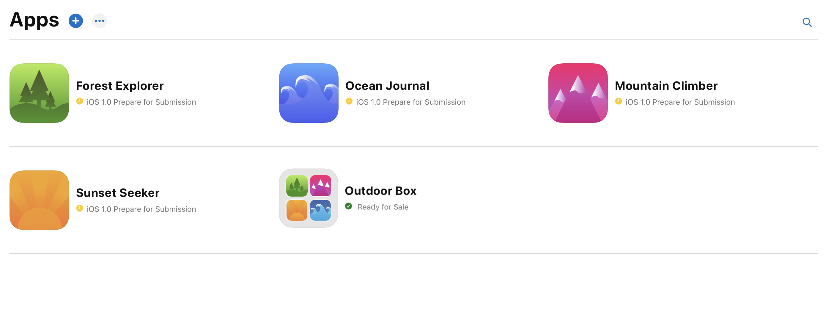 「アプリ」ページのスクリーンショット。4つのアプリと1つのApp Bundleが表示されています。