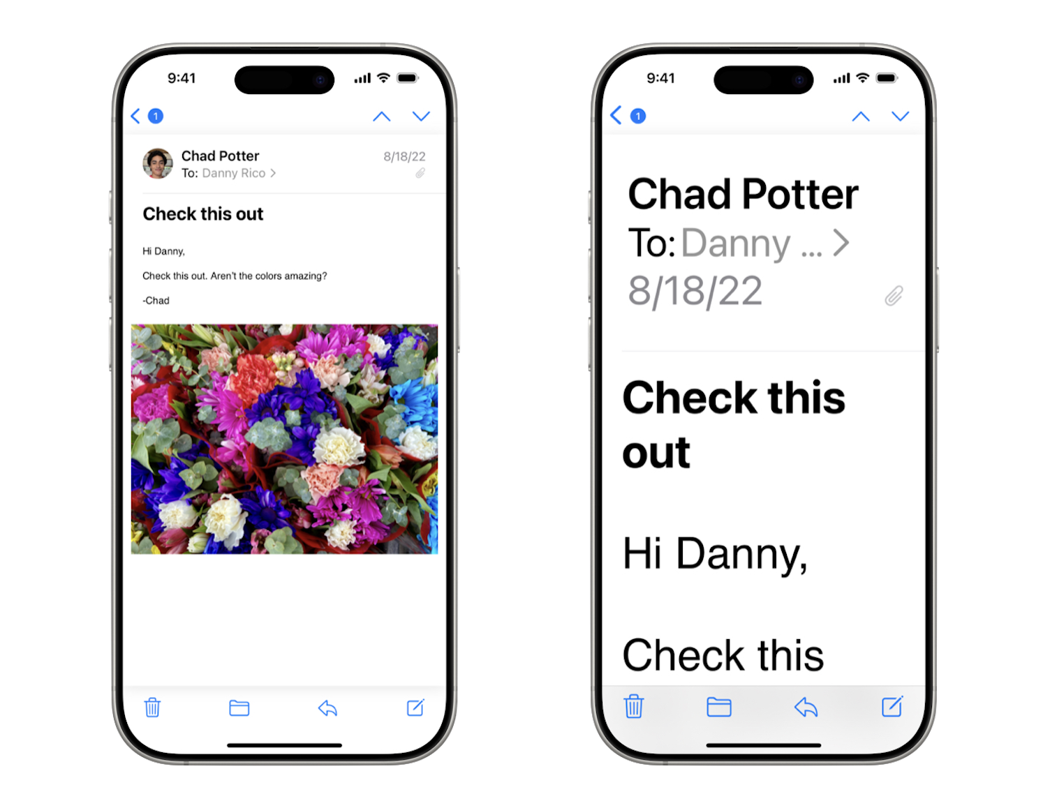 Appleのメールアプリ。小さいフォントサイズと大きいフォントサイズでメールを表示している。さらに大きな文字で表示するスペースを確保するために、いくつかのインターフェイス要素が再流し込みされている。