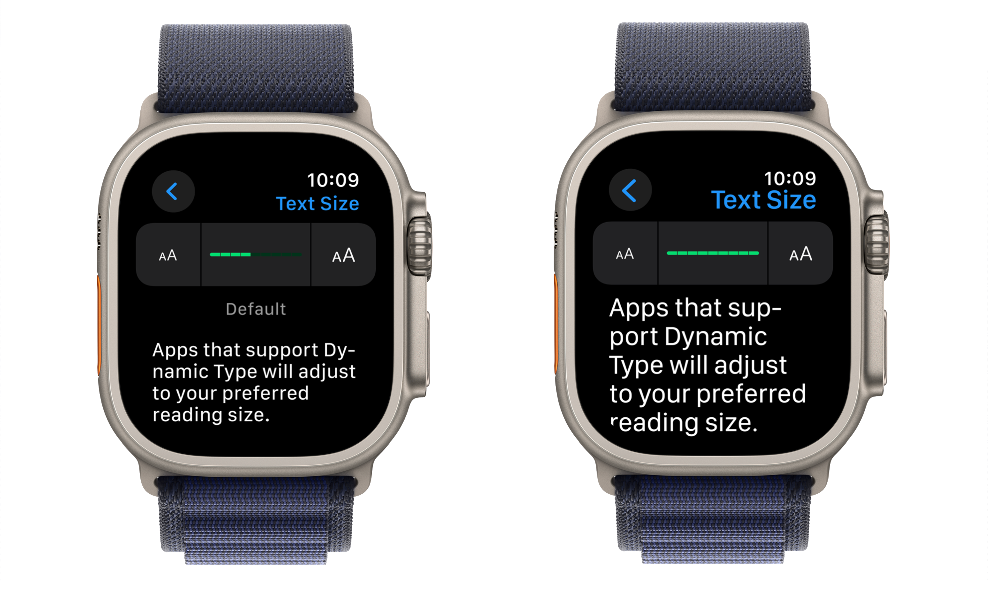 Apple Watchの設定。デフォルトのフォントサイズと最大フォントサイズを表示している。