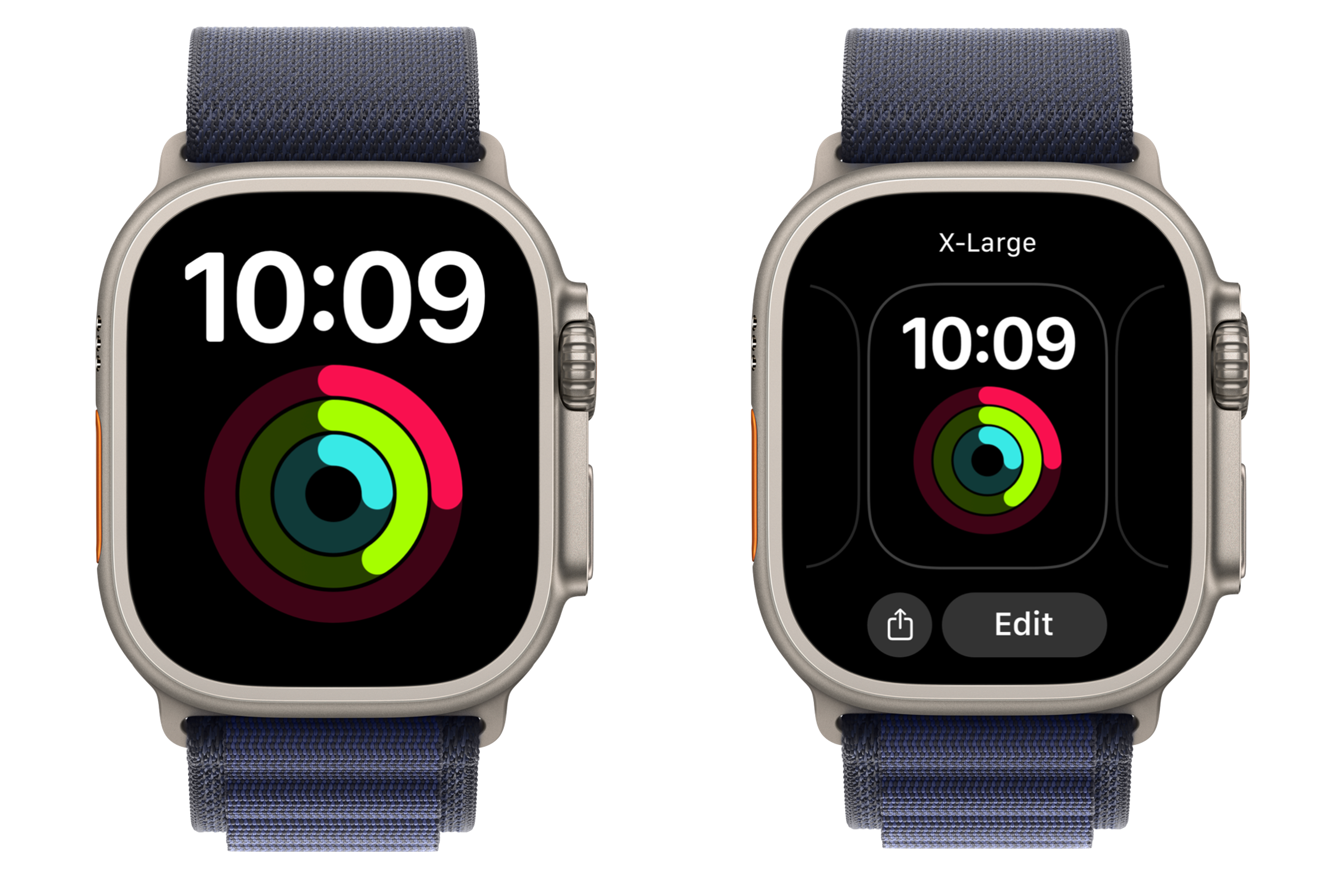 Apple Watch Ultraが「特大」の文字盤を表示している。そこに単一のコンプリケーション機能を大きく表示されている。ロービジョンのユーザは、「特大」の文字盤を複数追加し、画面をスワイプすることでさまざまな種類の情報を確認することができる。