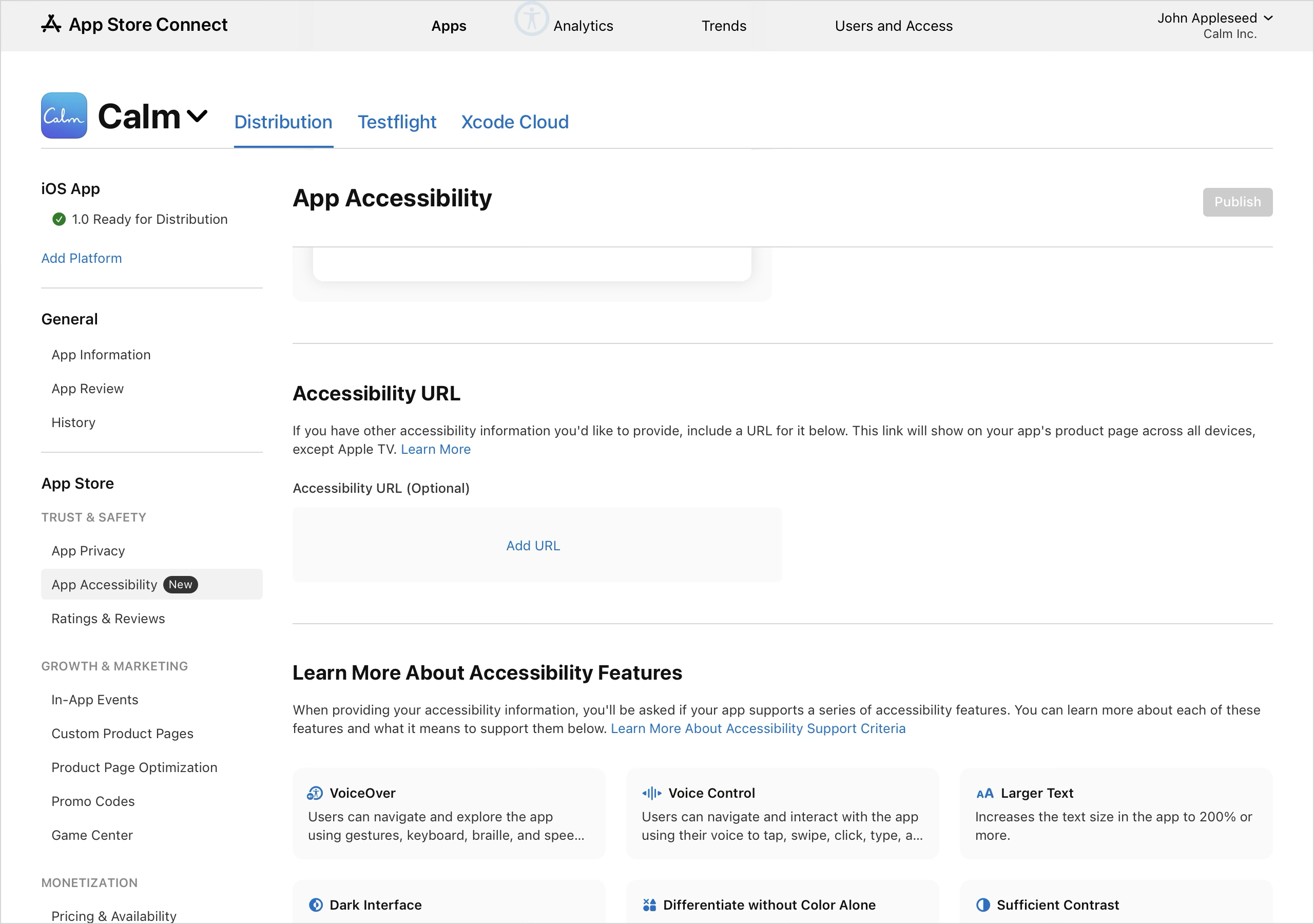 Screenshot of the "Accessibility" page shows "Draft (0)" and an "Accessibility URL" section with a field to "Add URL". Below that, there's a "Learn More About Accessibility Features" section, listing features like VoiceOver, Voice Control, Larger Text, Dark Interface, Differentiate without Color Alone, and Sufficient Contrast. A "Publish" button is visible at the top right of the screen.