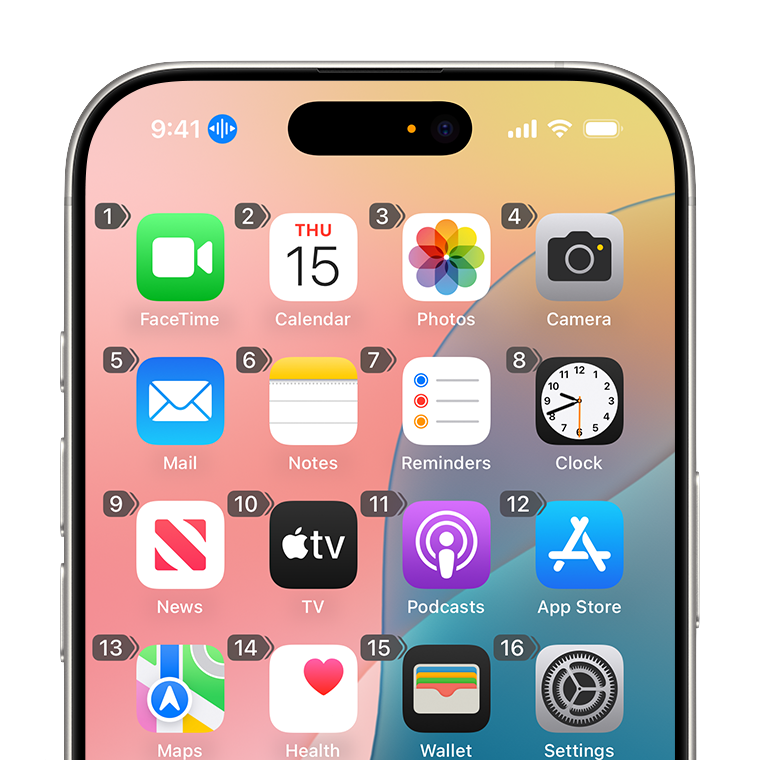音声コントロールの「番号を表示」のオーバーレイが表示されたiPhoneのホーム画面。各アプリアイコンに番号が付けられ、「6をタップ」と言うと時計アプリが開くことをユーザが把握できます。