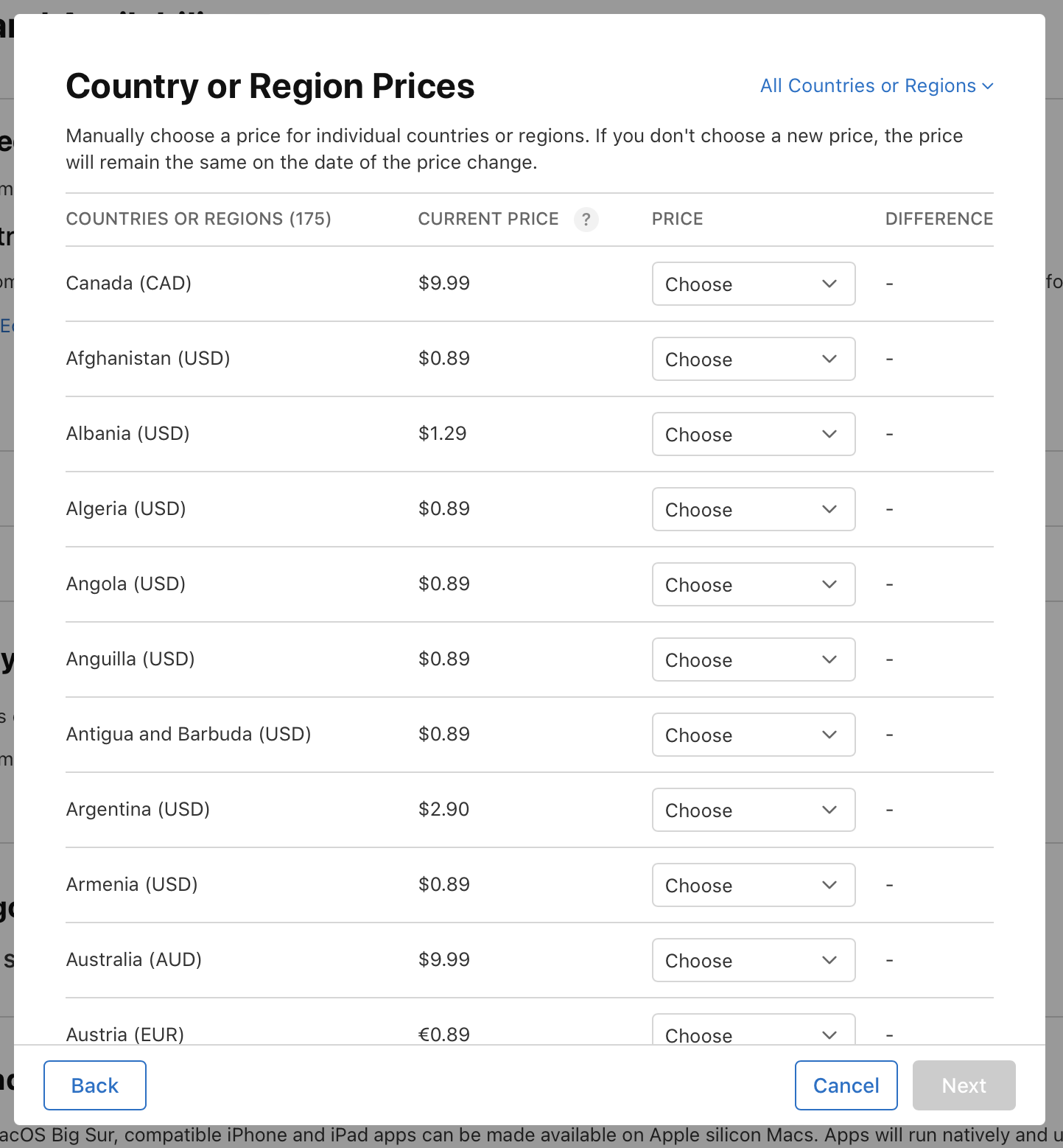 「国または地域の価格」ダイアログのスクリーンショット。国または地域の一覧、現在の価格とその横に編集可能な価格のプルダウンメニュー、そして現在の価格と新しい価格の差額が表示されています。ダイアログ下部の左側には「戻る」ボタン、右側には「キャンセル」と「次へ」のボタンがあります。
