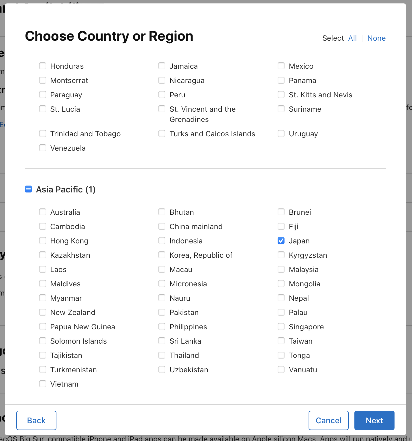 「国または地域を選択」ダイアログのスクリーンショット。国と地域を選択するオプションがあります。ダイアログ下部の左側に「戻る」ボタン、右側に「キャンセル」と「次へ」のボタンがあります。