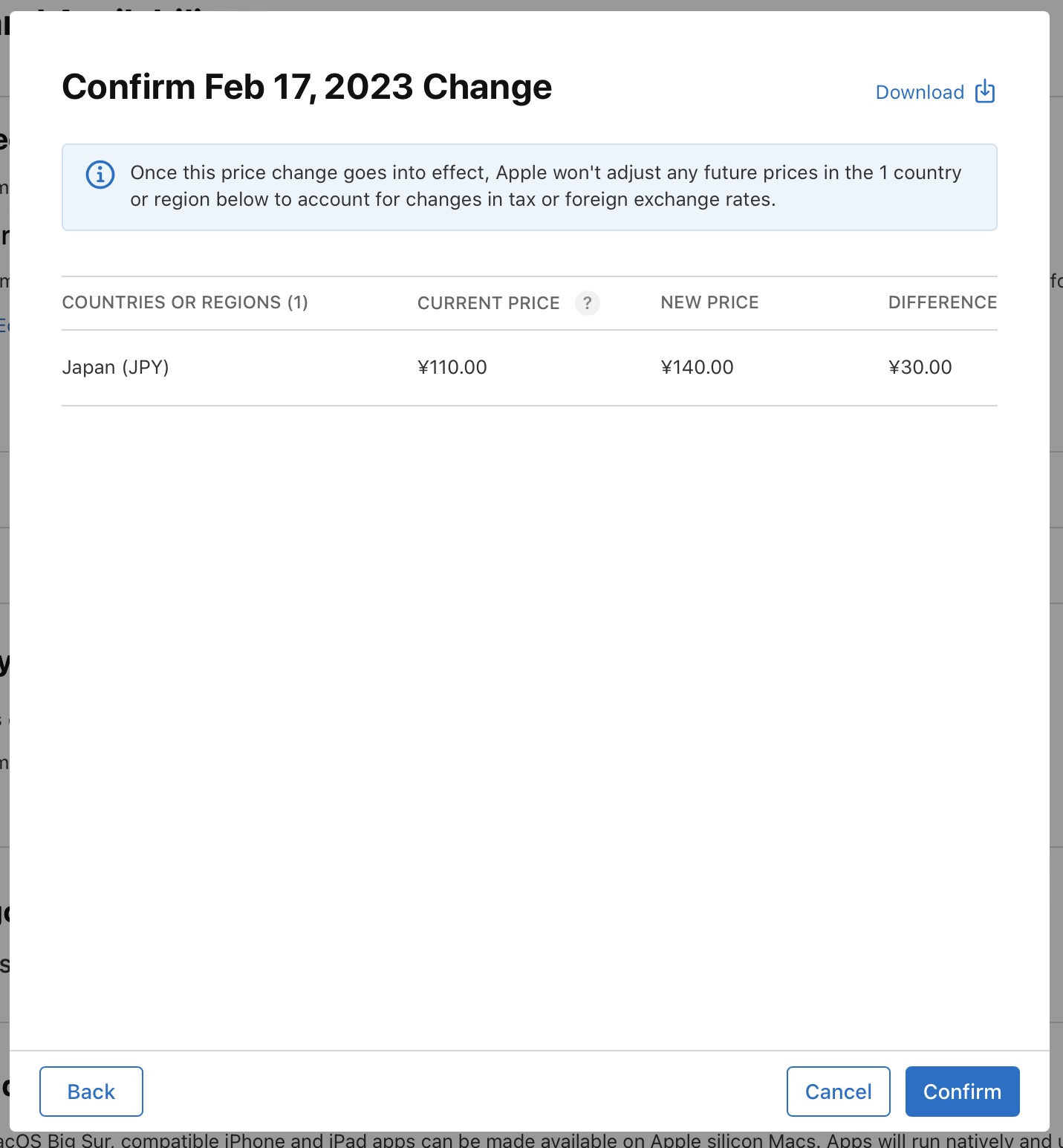 「2023年2月17日からの変更を確認する」ダイアログのスクリーンショット。「日本」が現在の価格と新しい価格の列とともに表示されています。ダイアログ下部の左側には「戻る」ボタン、右側には「キャンセル」と「次へ」のボタンがあります。
