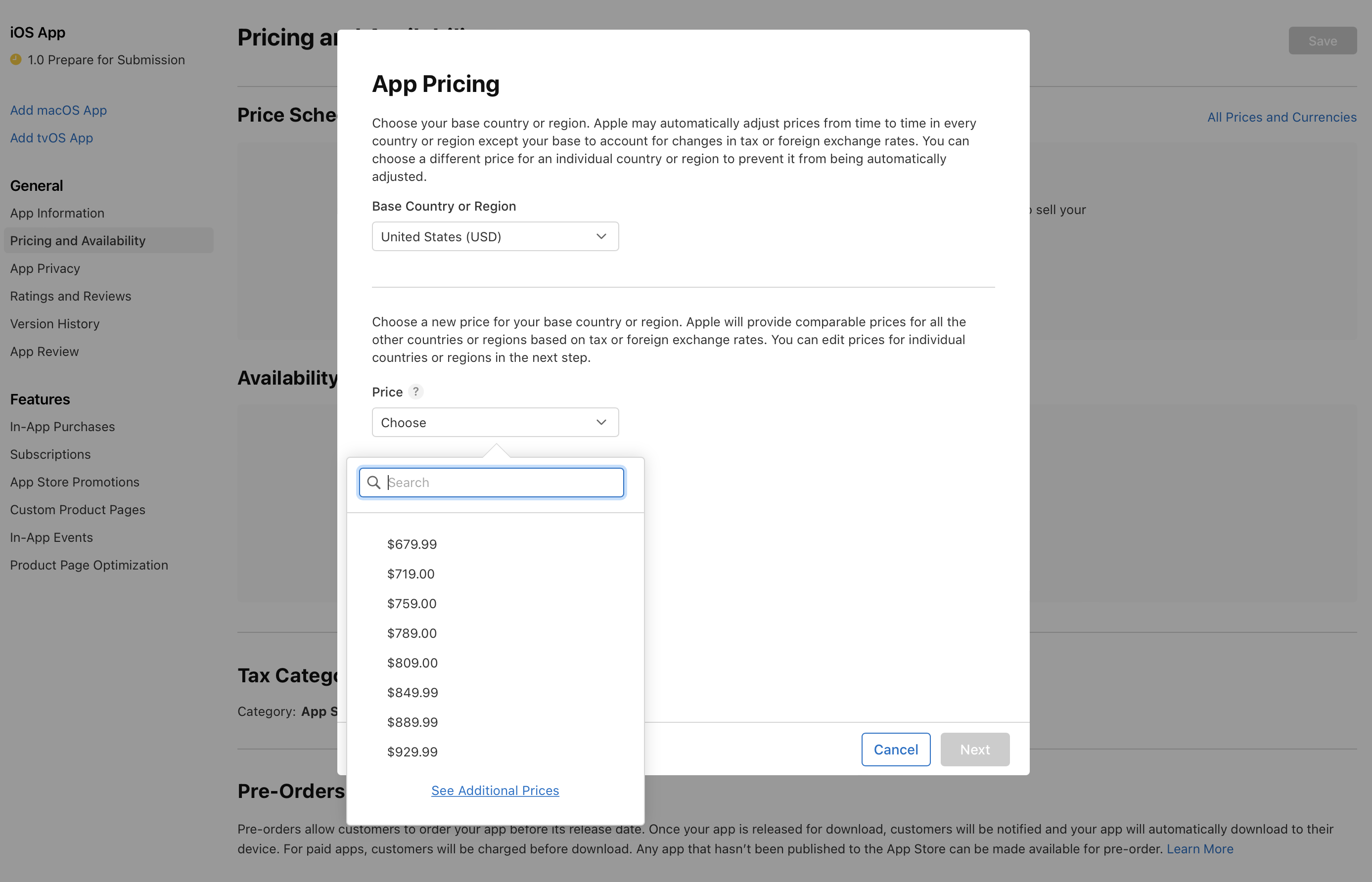 Screenshot of the App Pricing dialog, where there are pull-down menus for the Base Country or Region section and the Price section. The pull down menu under the Price”section is open, listing a few price points. At the bottom of the dialog, there are the Cancel and Next buttons on the right.
