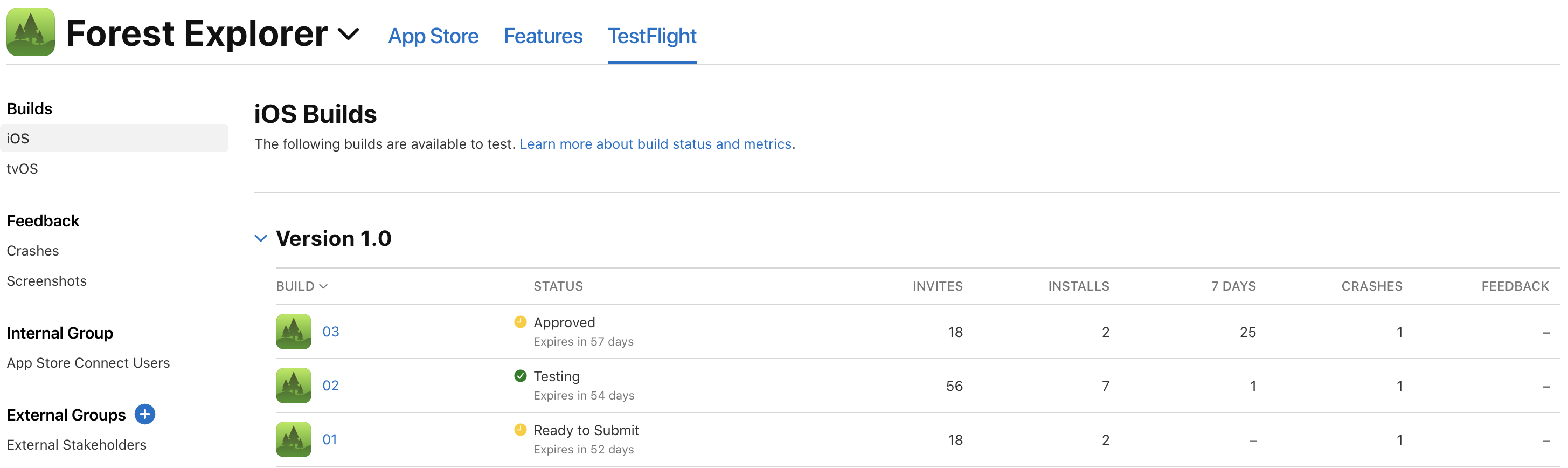 「TestFlight」タブのスクリーンショット。バージョン1.0に、ビルド一覧が表示されており、各ビルドの列にはクリックできるアイコンとビルド文字列が表示されています。