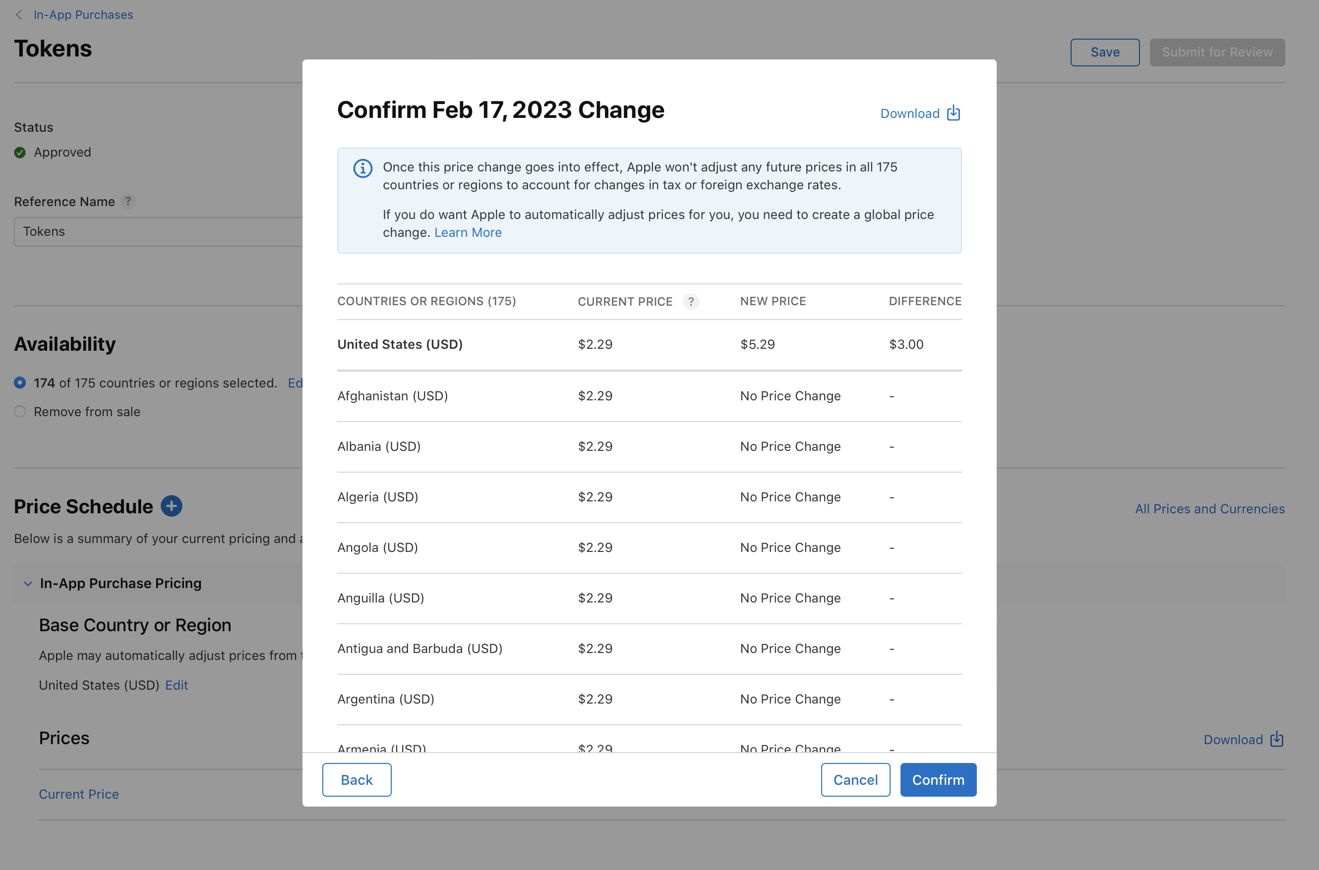 2023年2月17日のApp Storeにおける価格変更を確認するためのポップアップのスクリーンショット。10の国または地域における現在の価格と新しい価格がUSDとEURで表示されている。下部には「戻る」「キャンセル」「確認」ボタンがある。