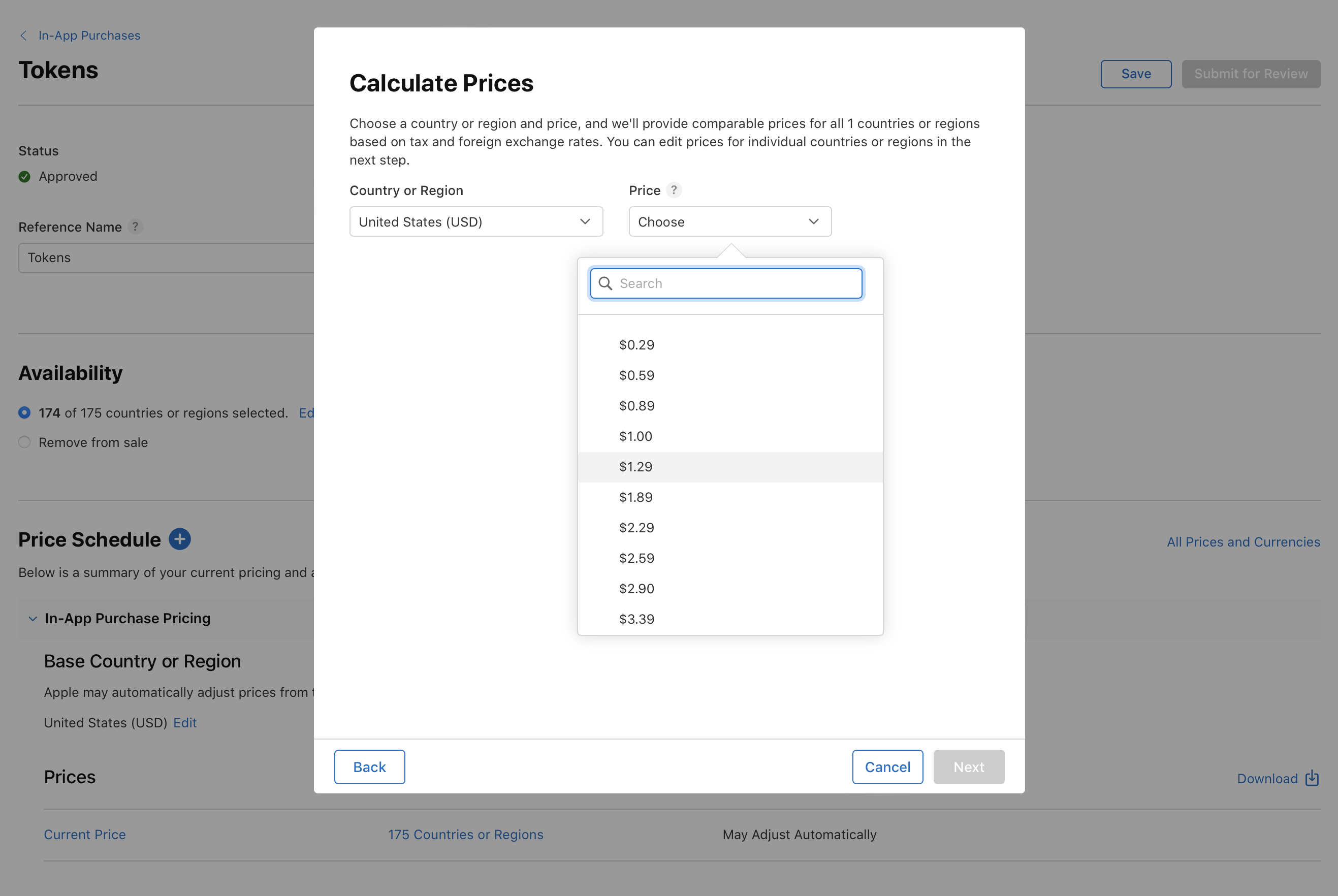 AppleのApp Store Connectインターフェイスのスクリーンショット。アプリの価格変更をスケジュールするためのポップアップウインドウが表示されている。ポップアップには、「国または地域」と「価格」というラベルの付いた2つのドロップダウンメニューと、検索用のテキストボックスが表示されている。「国または地域」のドロップダウンはアメリカ合衆国(USD)、「価格」のドロップダウンは0.29ドルに設定されている。