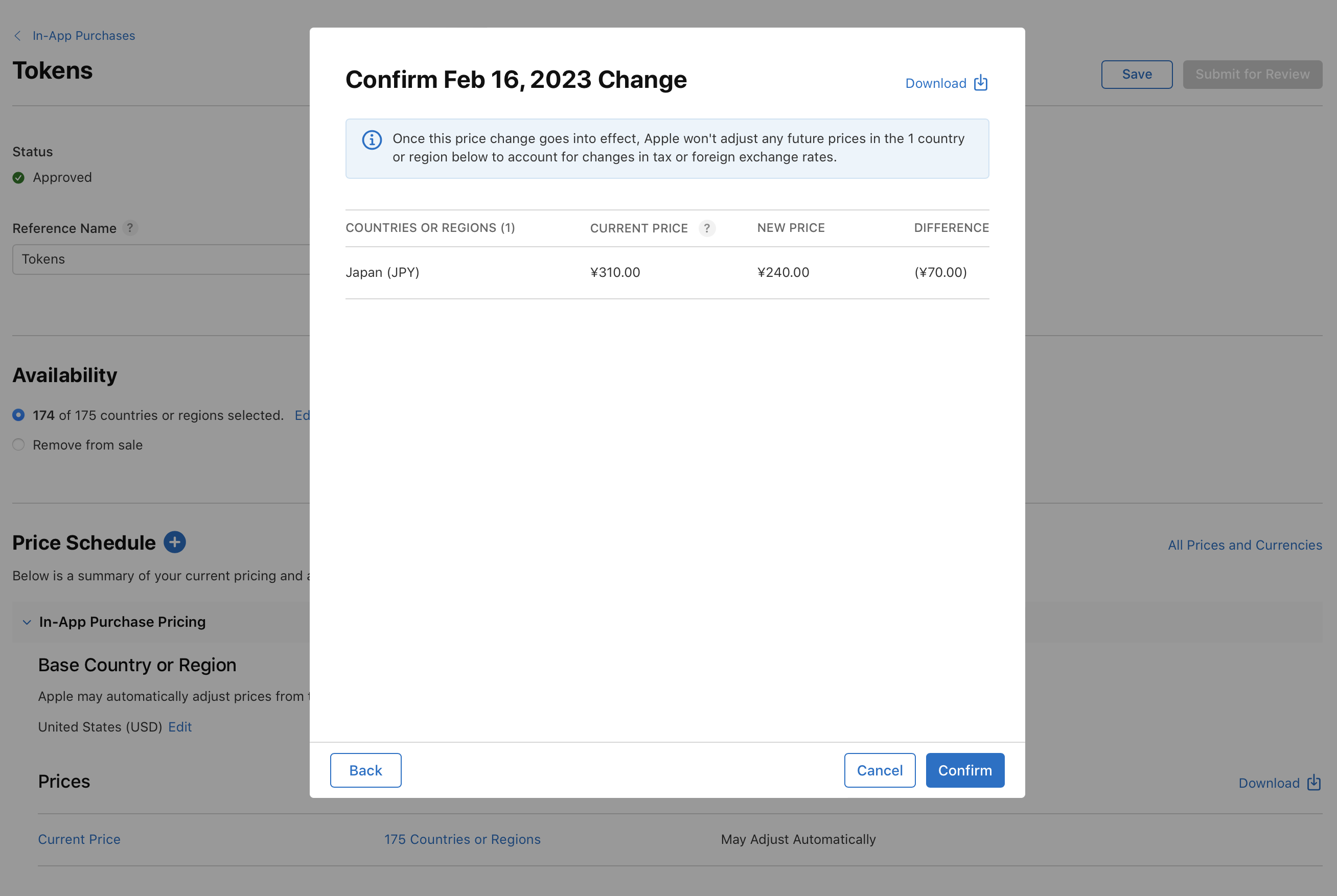 あるApp Storeストアフロントにおける価格を確認するためのポップアップのスクリーンショット。日本向けの現在の価格は310.00円、新しい価格は240.00円、差額は-70.00円となっている。Appleはこの国または地域において税金や為替レートの変化に応じた今後の価格調整を行わない、という警告が表示されている。下部には「戻る」「キャンセル」「確認」ボタンがある。