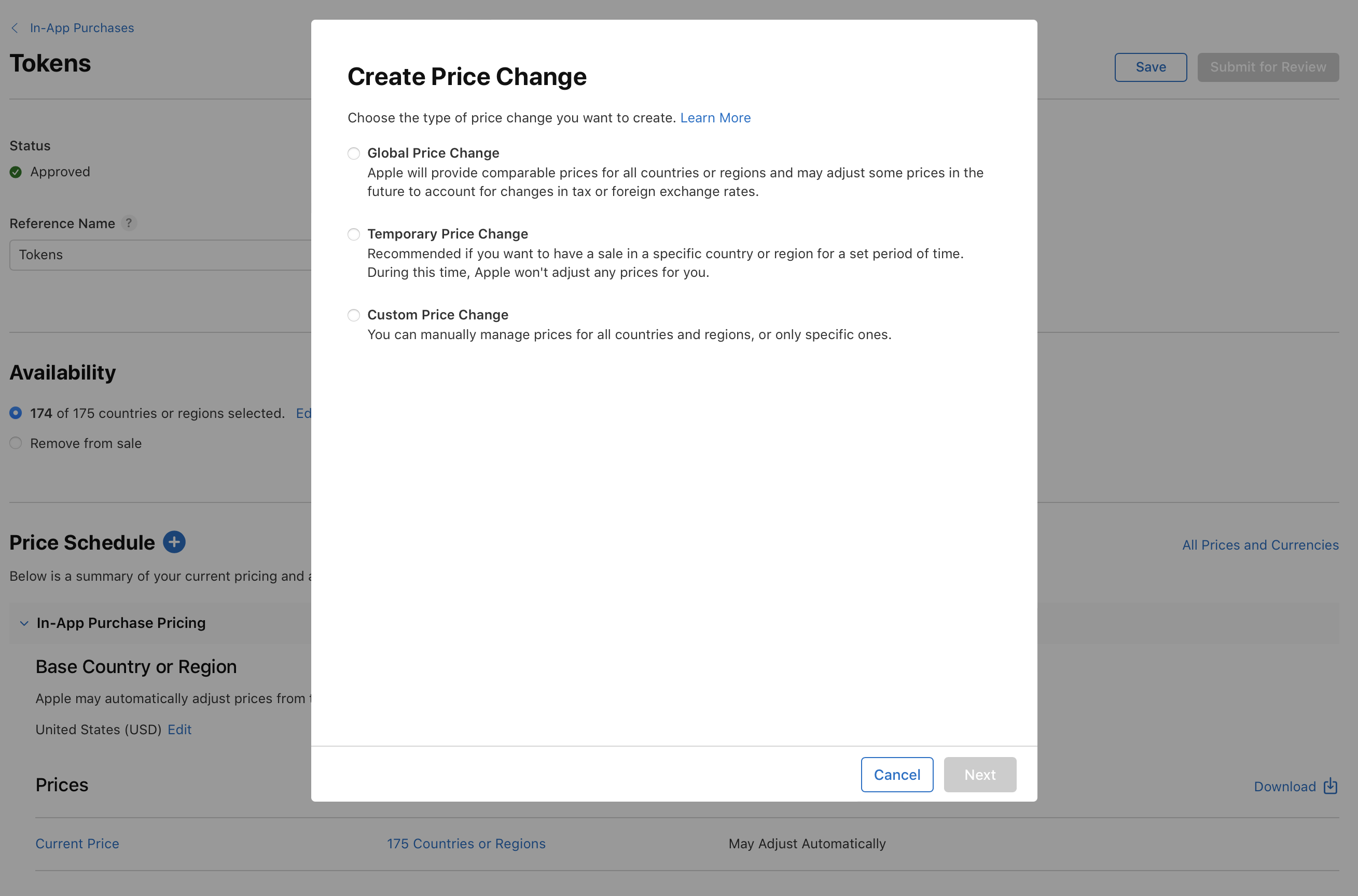 AppleのApp Store Connectで価格変更を作成するためのインターフェイスのスクリーンショット。「グローバル価格変更」「一時的な価格格変更」「カスタム価格変更」というオプションが表示されている。国または地域と価格の選択ボックスのほか、下部には「次へ」ボタンと「キャンセル」ボタンがある。