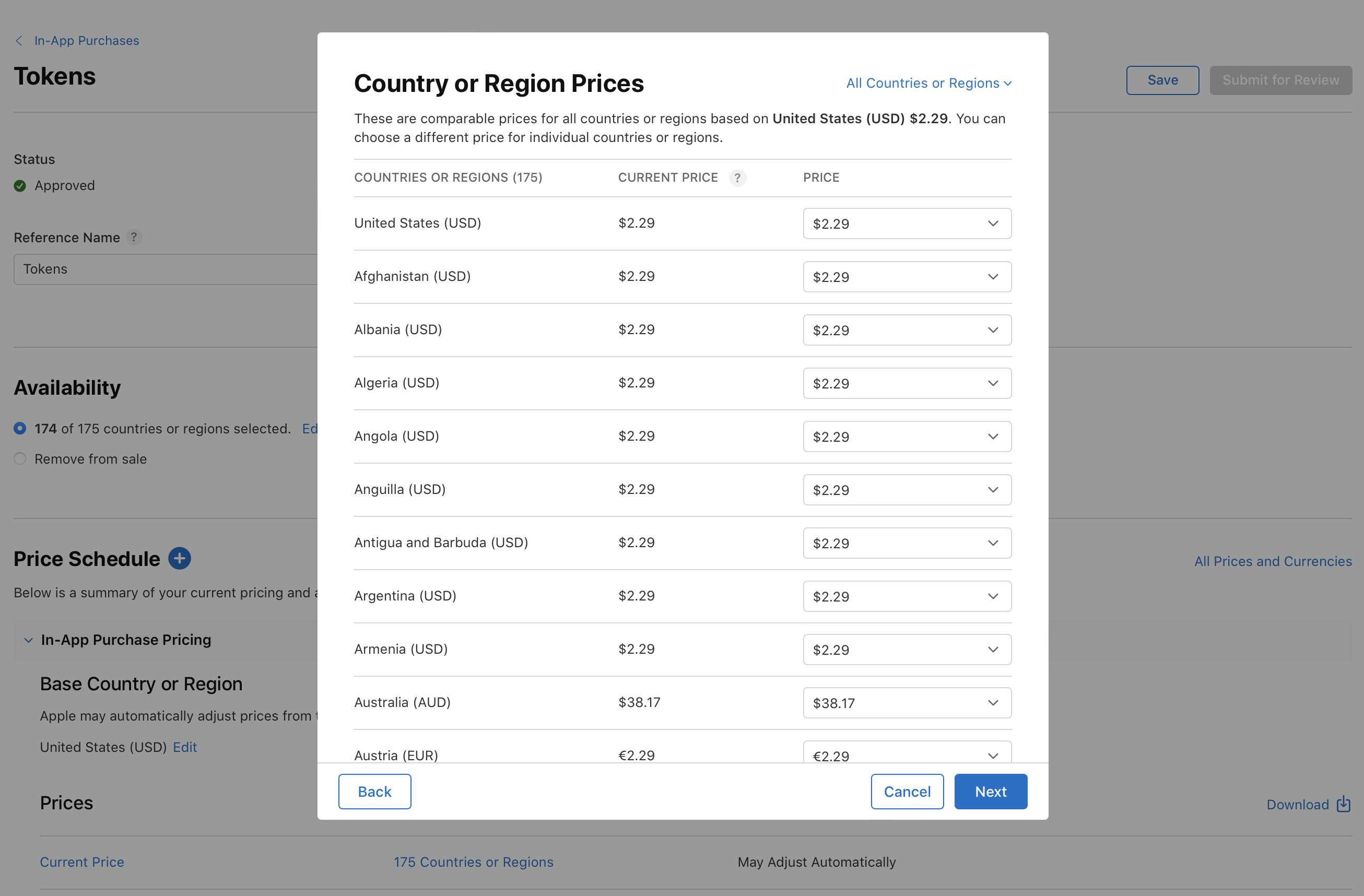Apple Developer Webサイトで国または地域における価格を選択するためのポップアップウインドウのスクリーンショット。基準となる国はアメリカ合衆国、価格は2.29ドルであり、その他の国の価格を調整するためのオプションも表示されている。下部に「戻る」「キャンセル」「次へ」の各ボタンがある。