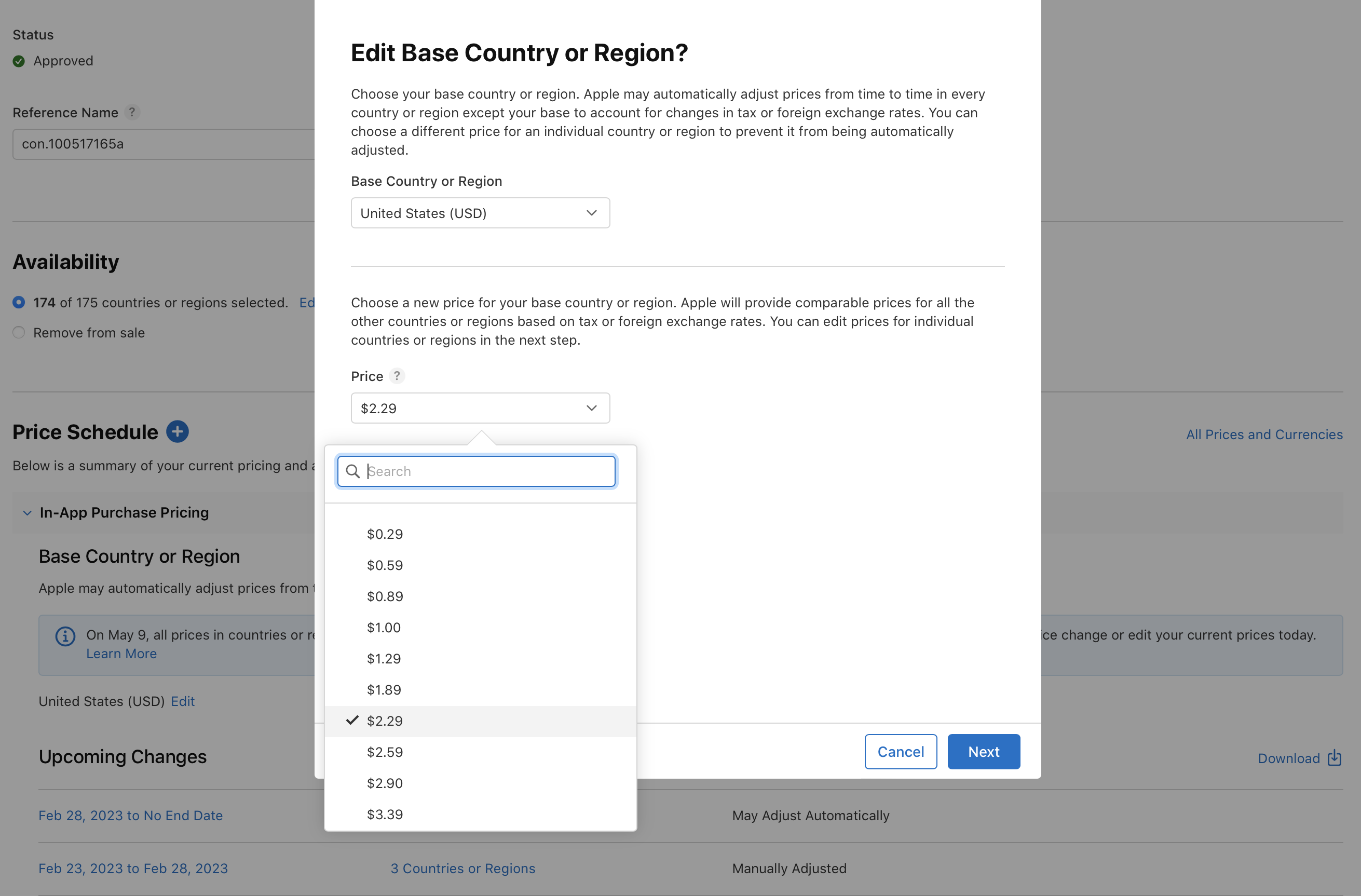 App Store Connectのインターフェイスのスクリーンショット。アプリ内課金の基準となる国または地域を編集する際に表示される、基準となる国または地域を新たに選択するためのドロップダウンメニューと、0.29～3.99ドルの範囲の価格オプションが表示されている。価格設定の管理を行うための「キャンセル」、「次へ」、「ダウンロード」の各オプションがある。