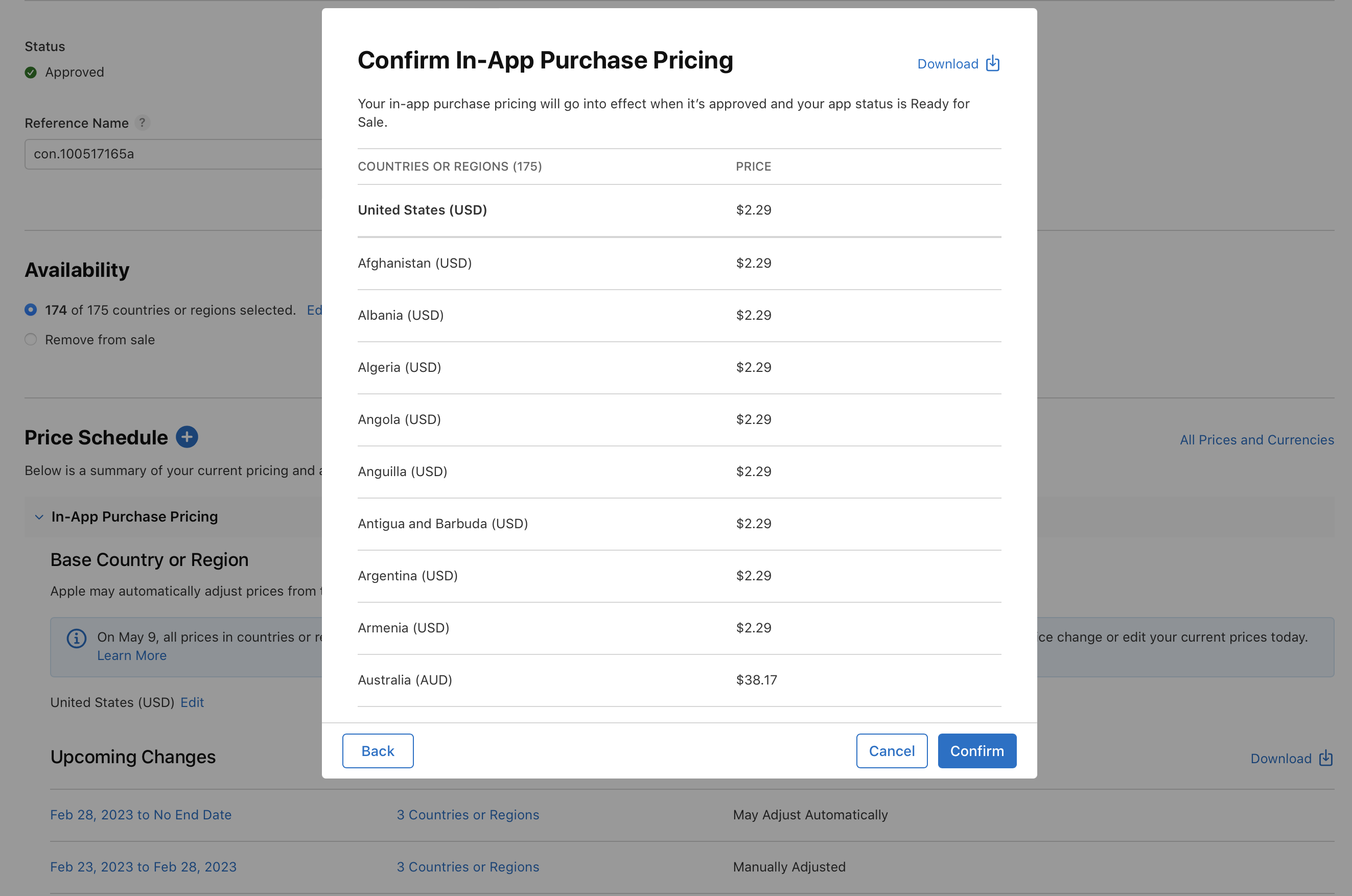 App Store Connectのスクリーンショット。アプリ内課金の価格を確認するためのダイアログ。国または地域の一覧とともに、均一価格の2.29ドルが表示されている。「ダウンロード」、「戻る」、「キャンセル」、「確認」の各オプションがある。