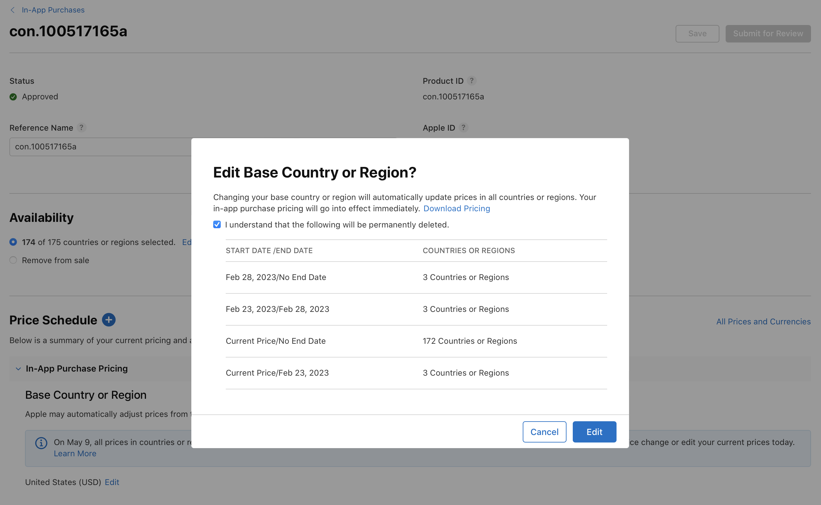 App Store Connectの確認ダイアログのスクリーンショット。アプリ内課金の基準となる国または地域を編集するための画面。ダイアログには、この設定を変更すると価格がグローバルに更新される旨の説明と、影響を受ける日付範囲、対象の国または地域が表示されている。「キャンセル」、「編集」、「確認」の各オプションがある。