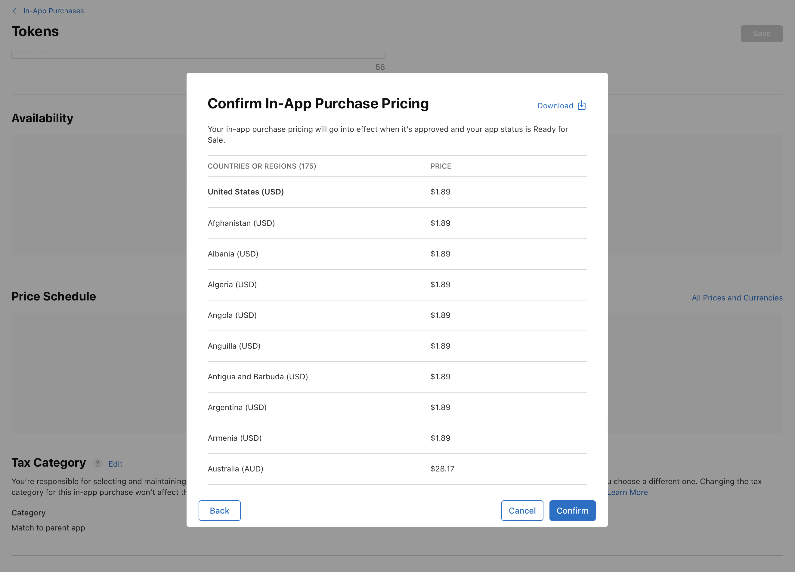 アプリ内課金の価格を確認するためのApp Store Connectのページのスクリーンショット。選択された国または地域と、それに対応する価格がUSD建てとAUD建てで表示されている。「戻る」、「キャンセル」、「確認」の各ボタンと、価格の詳細をダウンロードするオプションがある。