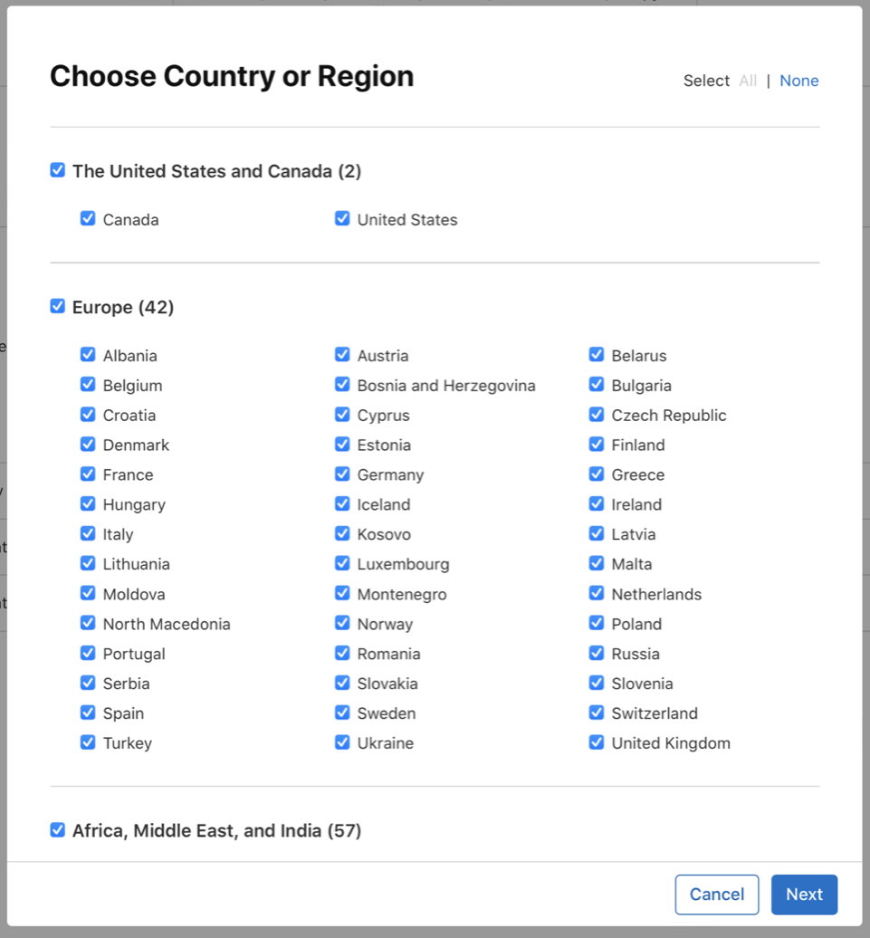 サブスクリプション価格ページのスクリーンショット。国や地域とそのチェックボックスが並んでいる。右上にすべてを選択または選択解除するためのオプション、下部に「キャンセル」ボタンと「次へ」ボタンがある。