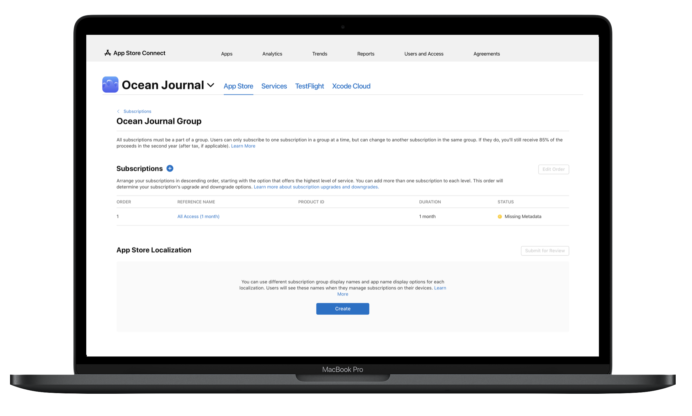 MacBook Proの画面。Ocean Journalという名前のアプリのサブスクリプションページが表示されている。ページの上部にApp Store Connectナビゲーションメニューが表示されており、その下にある「サブスクリプション」ページには、利用可能なサブスクリプションオプションが1つ表示されています。