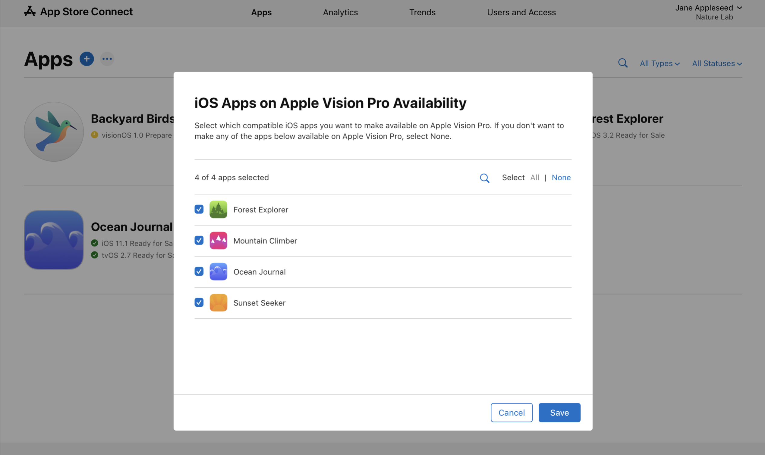 「Apple Vision ProでのiOSアプリの配信状況」ダイアログのスクリーンショット。4つのアプリが表示されており、各アプリの横にあるチェックボックスがそれぞれ選択されています。右下に「キャンセル」と「保存」のボタンが配置されています。