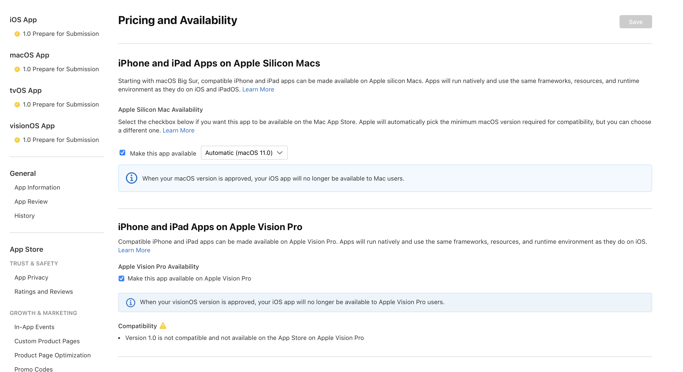 「価格および配信状況」ページのスクリーンショット。「Apple Vision Pro上のiPhoneおよびiPadアプリ」というタイトルのセクションがあります。