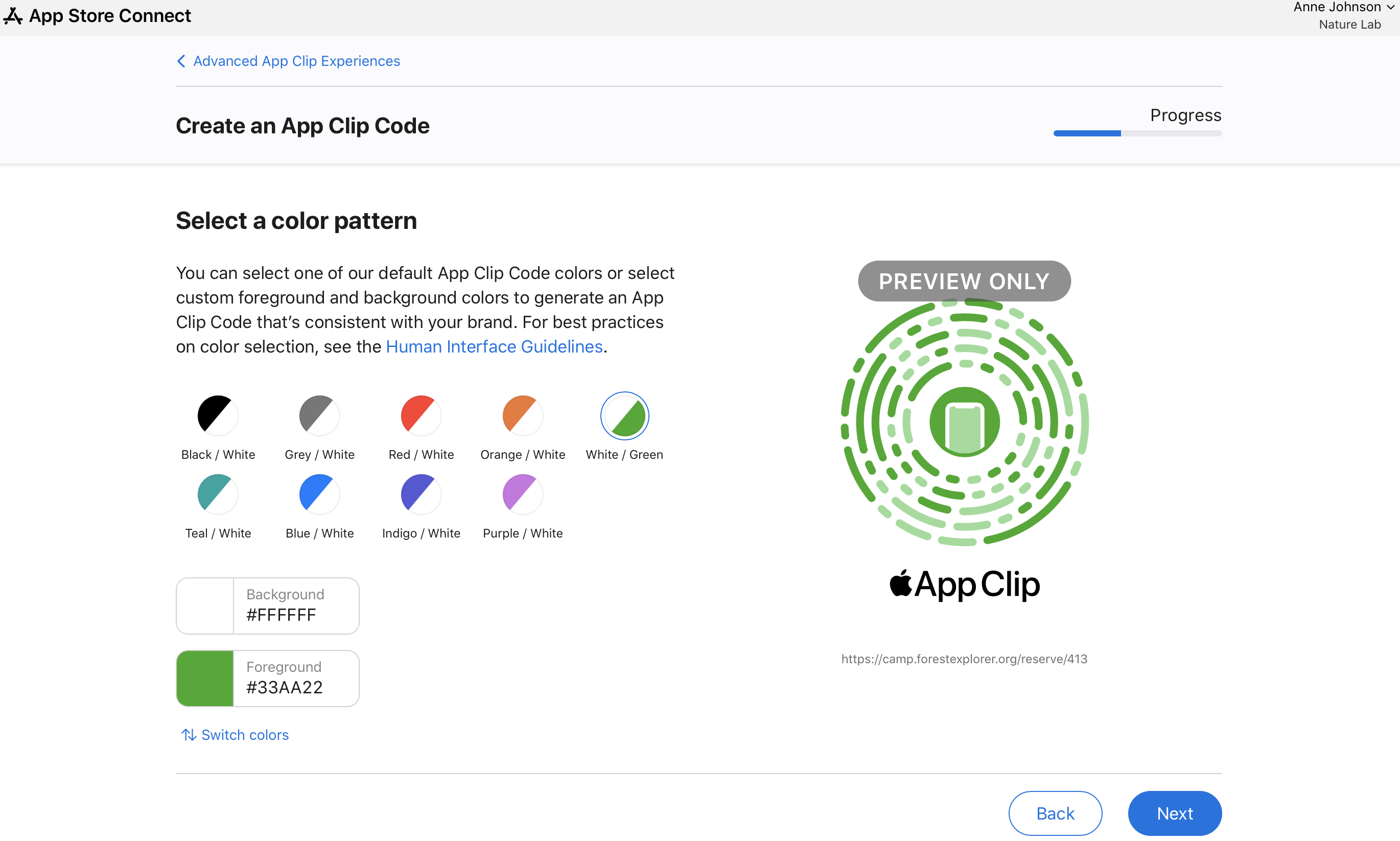 App Clipコードのカラーパターンのスクリーンショット。