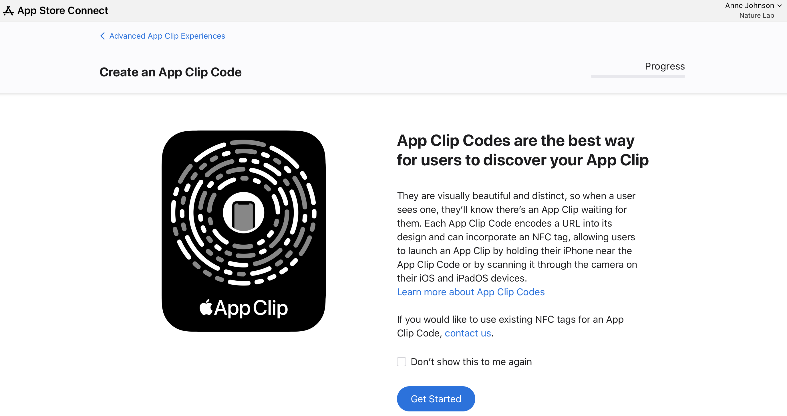iPhoneでスキャンできるApp Clipコードのスクリーンショット。下部に「開始する」ボタンがある。