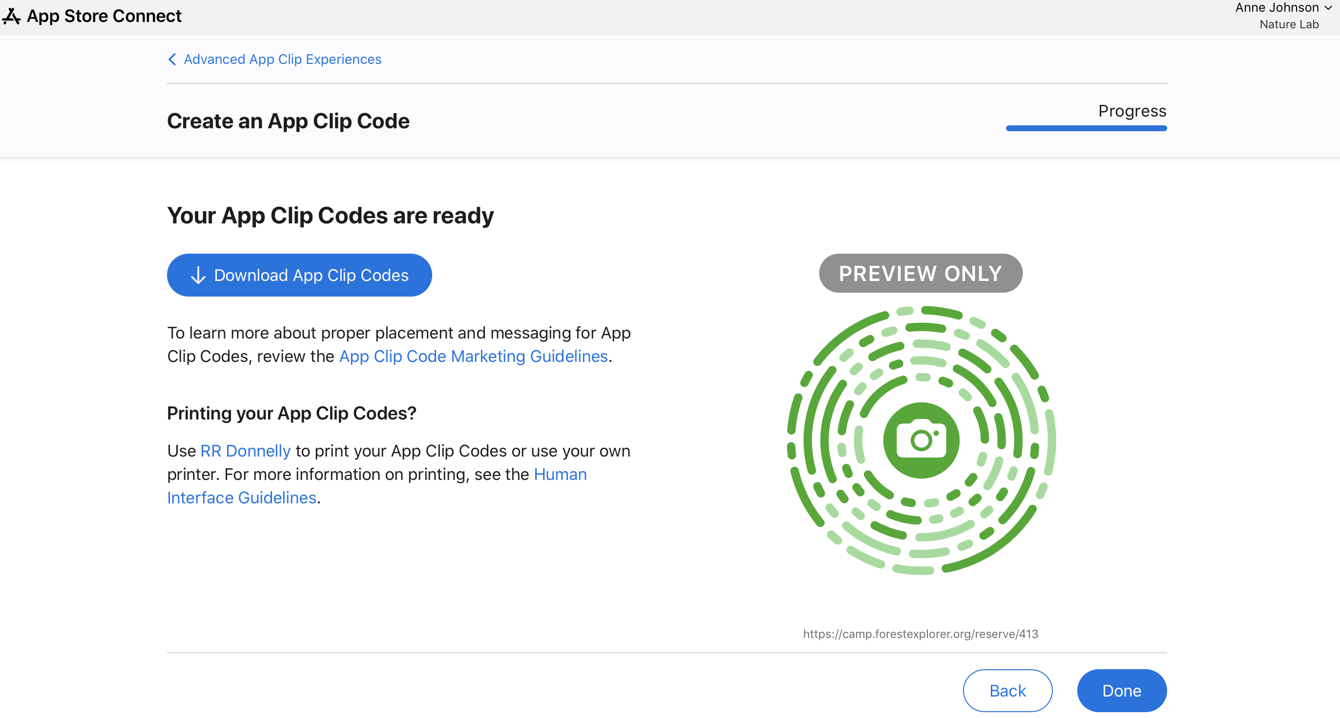 印刷可能なApp Clipコードのダウンロードのスクリーンショット。
