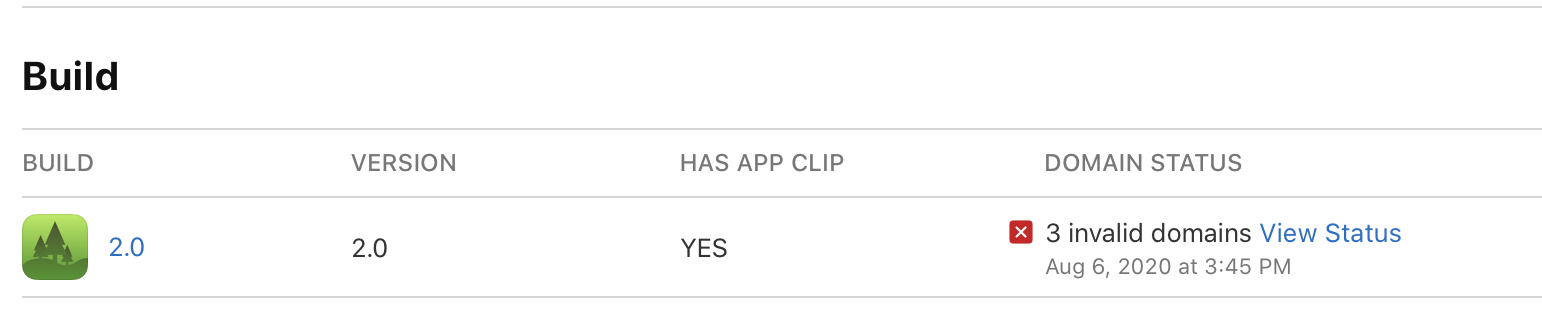 App Clipのドメインステータスのスクリーンショット。