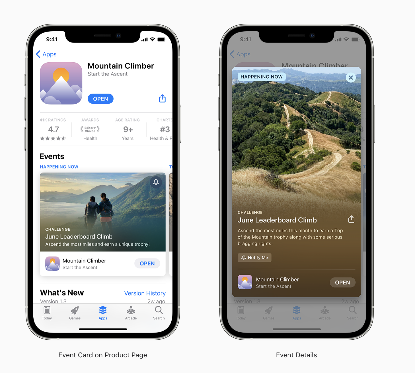 複数のiPhone画面のスクリーンショット。プロダクトページのイベントカードが表示されているものと、イベント詳細が表示されているもの。