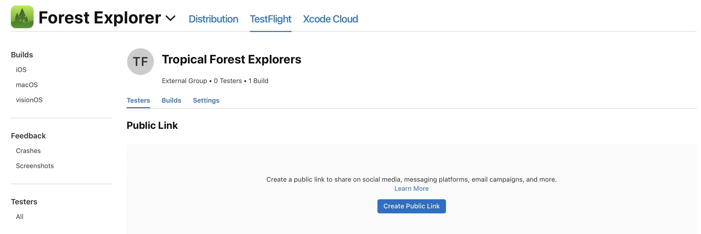 「TestFlight」タブにある「App Store Connect」ページのスクリーンショット。「パブリックリンクを作成」ボタンの上に「パブリックリンク」ダイアログが表示されています。