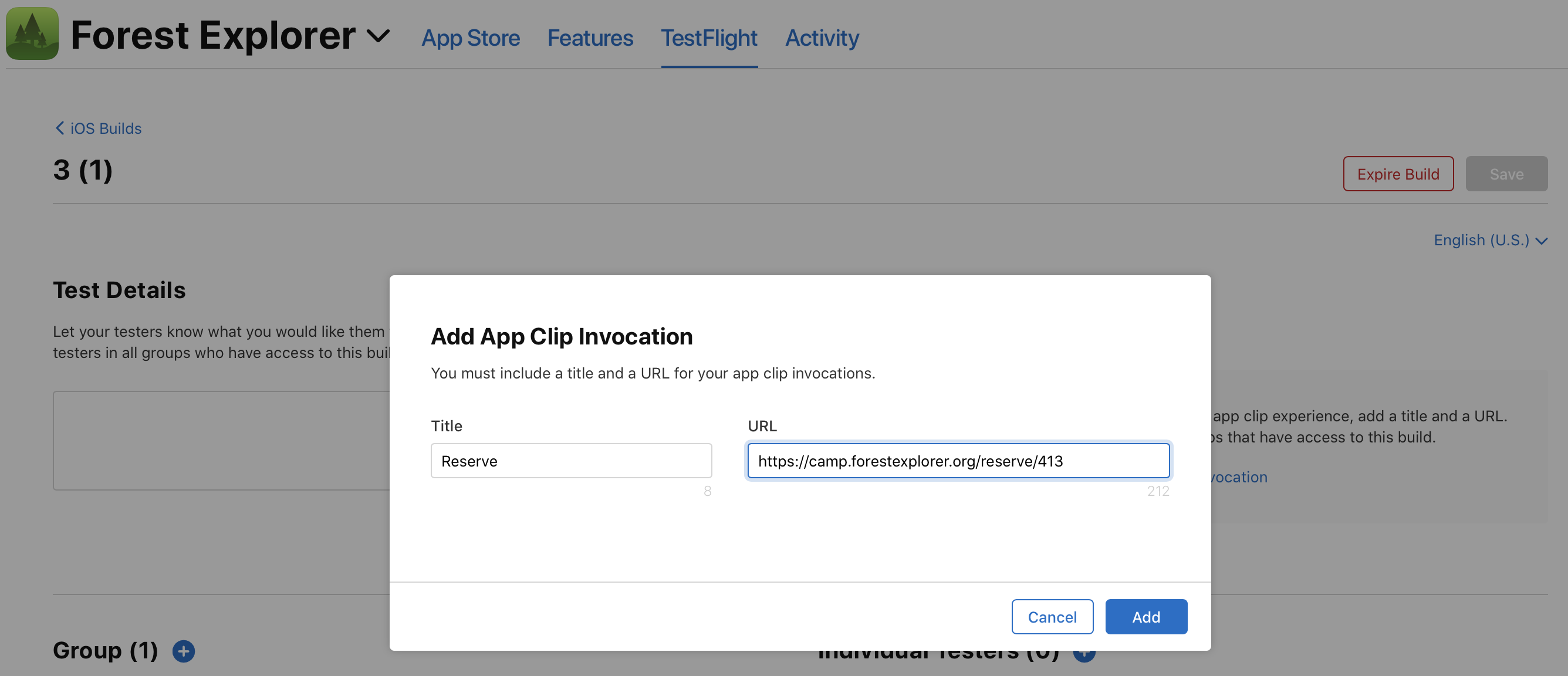 「App Clipの呼び出しを追加」ダイアログのスクリーンショット。「タイトル」テキストフィールドと「URL」テキストフィールドが表示されています。右下に「キャンセル」ボタンと「追加」ボタンがあります。