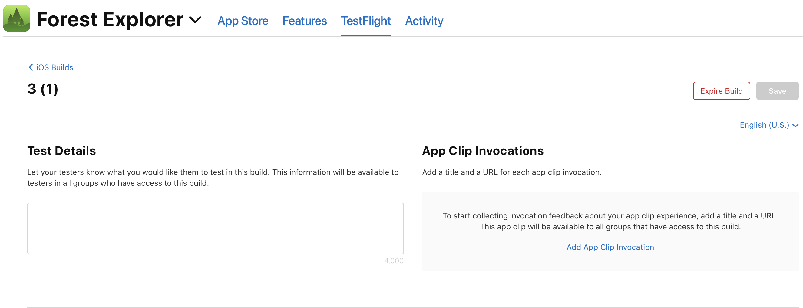 ビルドの詳細ページのスクリーンショット。「App Clipの呼び出し」セクションに、「App Clipの呼び出しを追加」というクリック可能なリンクが表示されています。