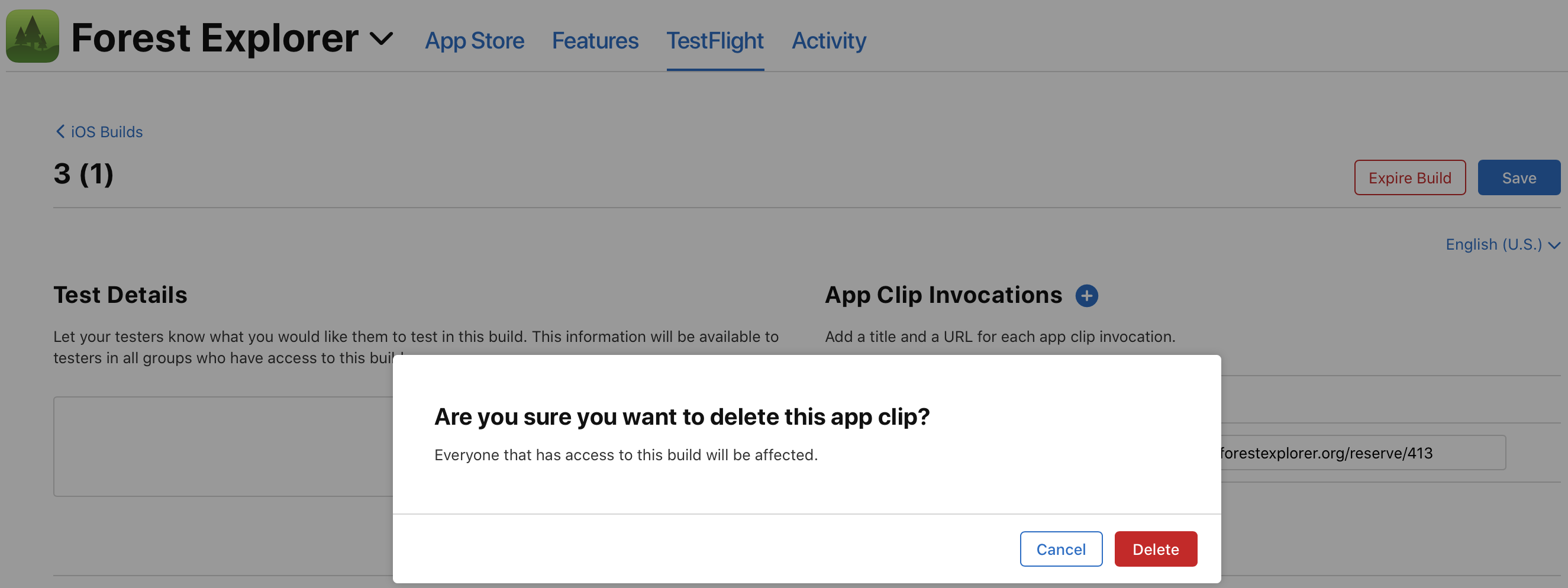 「このApp Clipを削除してもよろしいですか？」ダイアログのスクリーンショット。このダイアログには、「キャンセル」と「削除」ボタンが表示されています。