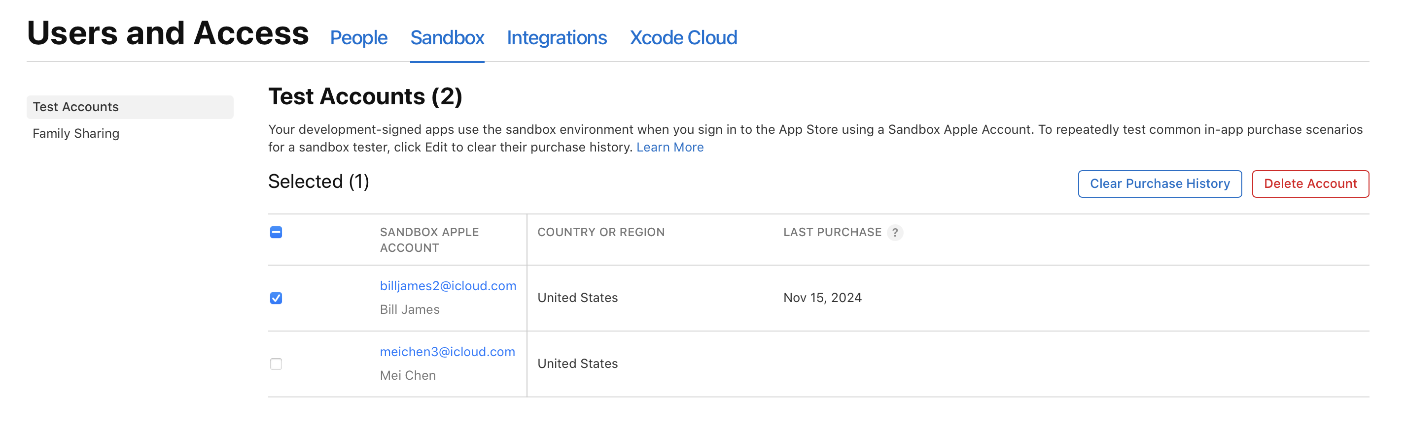 「テストアカウント」ページでSandboxアカウントが1つ選択されており、右上隅に「購入履歴を消去」ボタンが表示されています。